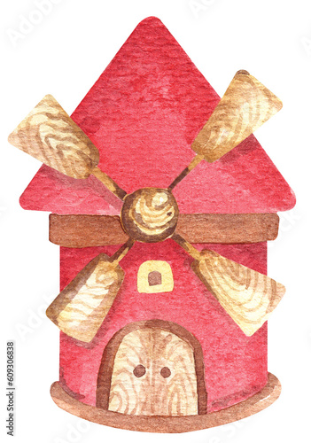 Red windmill on white background.Farm Related Element.Watercolor red barn, hand painted farmhouse.Illustration cute suitable for children.