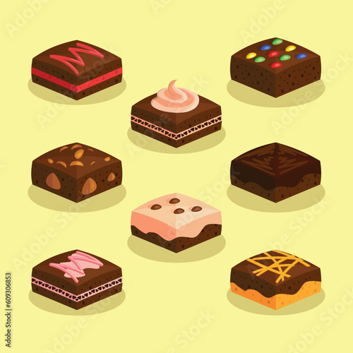Brownies Variations Vector Set, Chocolate, Nut, Hazelnut, Cheese, Cream, Colorful, Various Toppings