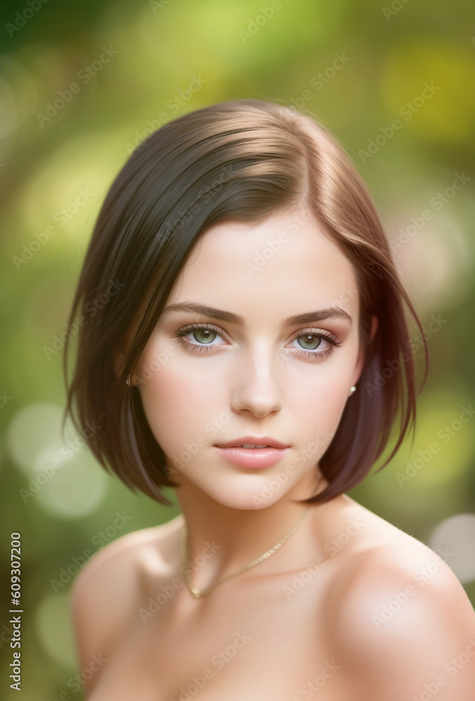 illustrazione generative ai ritratto primo piano volto giovane affascinante ragazza, capelli bruni corti, occhi chiari, incarnato luminoso su sfondo con sfuocatura illustrazione generative ai ritratto primo piano volto giovane affascinante ragazza, capelli bruni corti, occhi chiari, incarnato luminoso su sfondo con sfuocatura