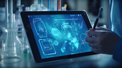 Medical Research, Health Technology, Healthcare and medicine concept. Technician using digital tablets, studying chemical elements in hospital laboratory with medical icons, microbiolog, Generative AI photo