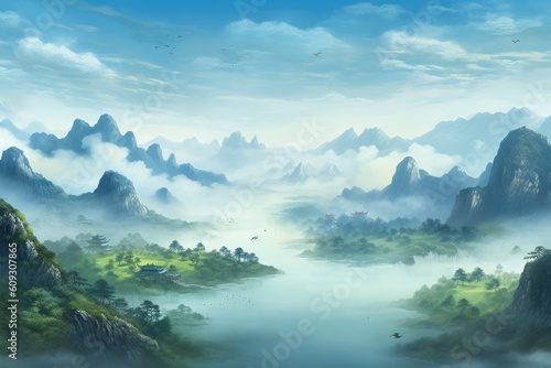 Chinese landscape in with a fairy garden  ink landscape painting created digitally Generative AI