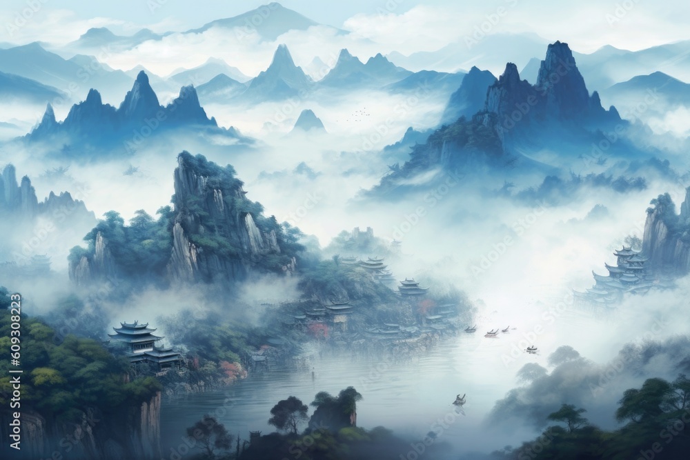 Fototapeta premium Chinese landscape in with a fairy garden, ink landscape painting created digitally Generative AI