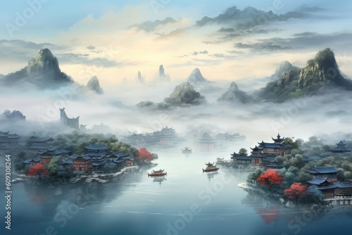 Chinese landscape in with a fairy garden, ink landscape painting created digitally Generative AI