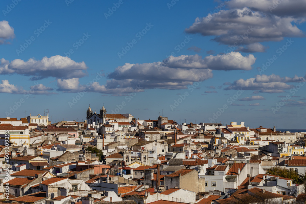 Panorama of the old city of Elvas, white houses with orange rooftops, UNESCO site