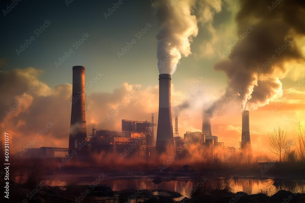 industry metallurgical plant dawn smoke smog emissions bad ecology aerial photography. Generative ai