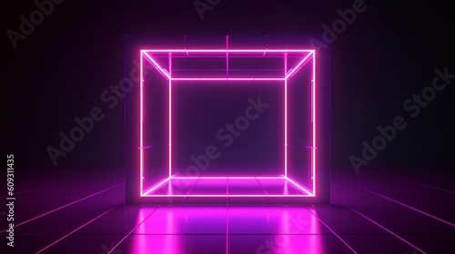 3d render, abstract ultraviolet background, pink violet neon cube perspective view, simple square geometric shape, cubic cage stand inside the dark empty, Generative AI