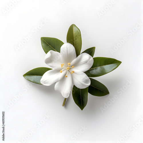 Bouquet of white jasmine flower plant with leaves isolated on white background. Flat lay  top view. macro closeup 