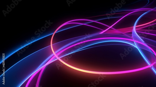 3d render, abstract black background with pink blue neon lines glowing in ultraviolet spectrum, modern wallpaper with light strings, Generative AI