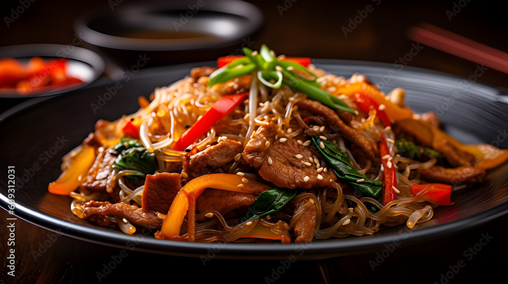 Korean Food Japchae Stir-fried Glass Noodles Created with Generative AI