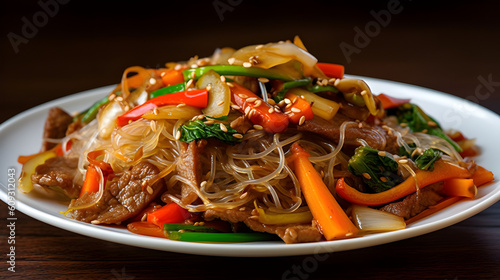 Korean Food Japchae Stir-fried Glass Noodles Created with Generative AI Technology photo