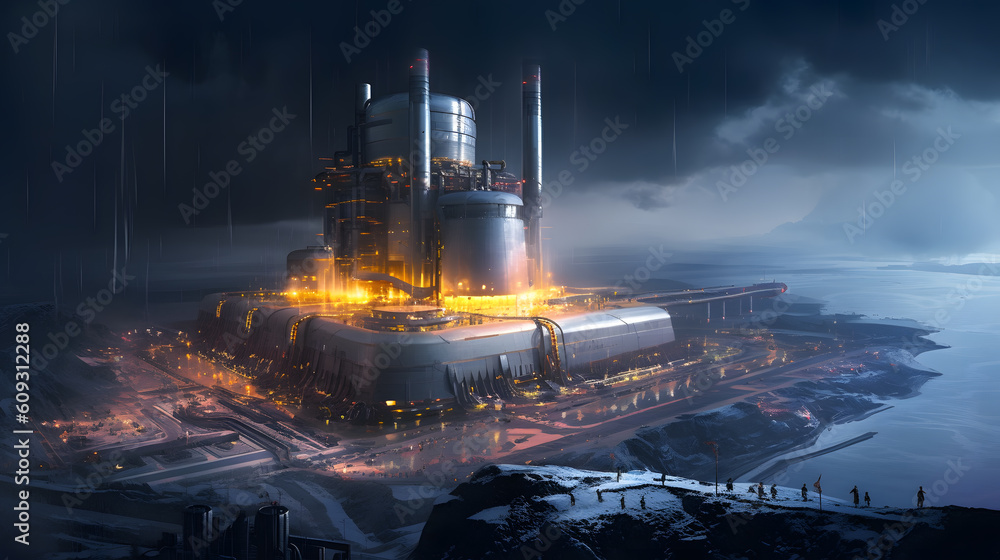 Futuristic facility, towering, efficient, clean, awe-inspiring, employing cutting-edge technology