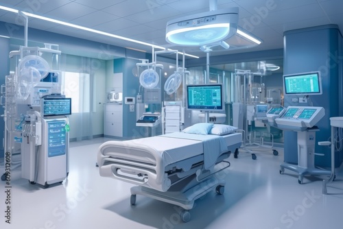 Image showcasing a well-organized and technologically advanced intensive care unit (ICU) with specialized equipment, emphasizing the importance of critical care and patient monitoring. Generative AI photo