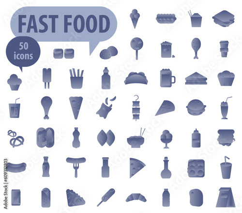 Set of complete fast food and takeaway food icons in light blue gradient. Collection of food symbols.