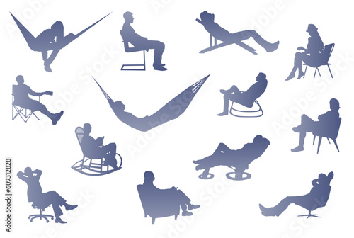 Set of silhouettes of resting people. Relaxation in any comfortable position. Set in a light blue gradient.