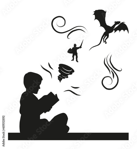 Silhouette of a boy reading fairy tales and fantasy. Vector graphics.