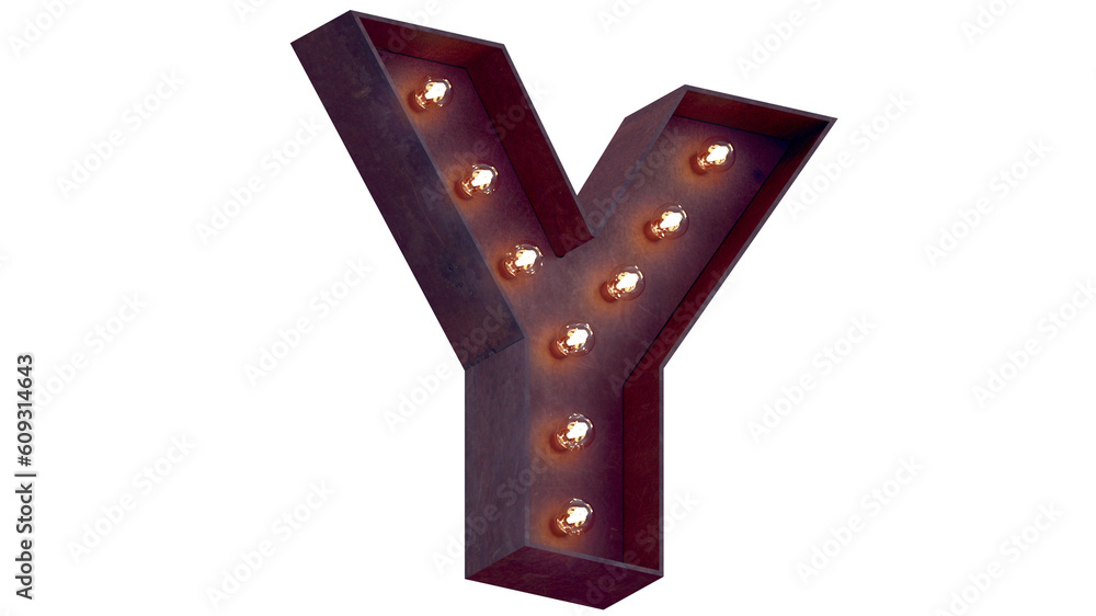 Light bulb glowing letter alphabet character Y font. Perspective view