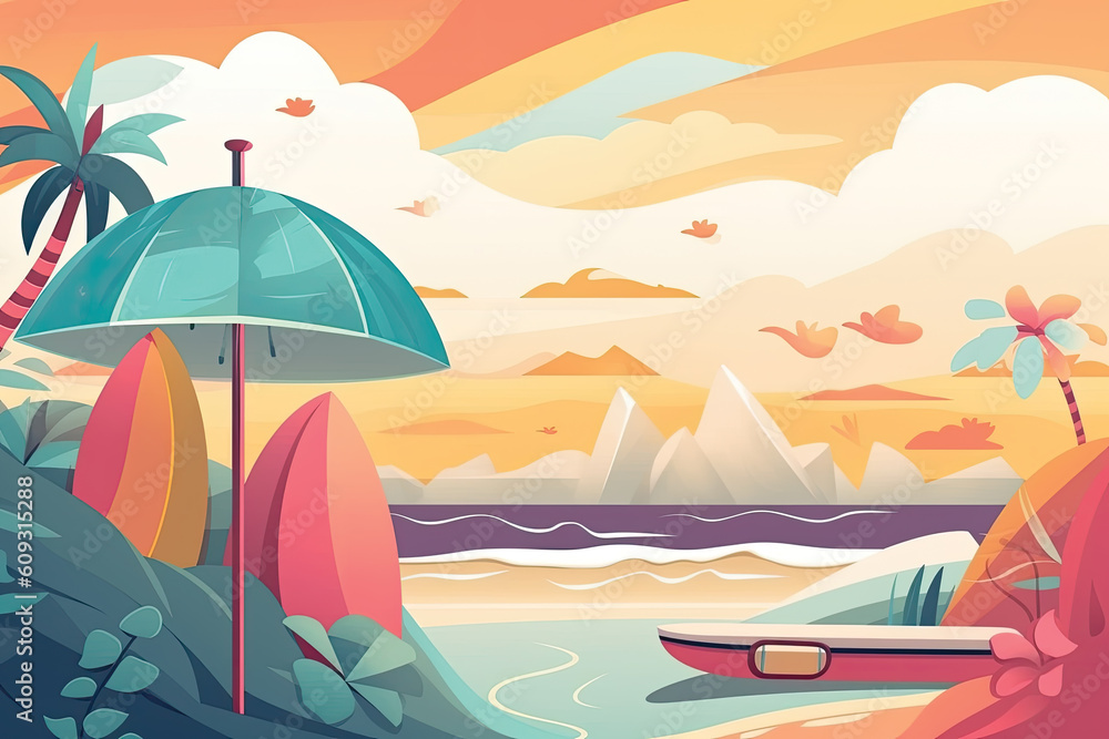 Illustration of a beach with an umbrella and surfboards at sunset