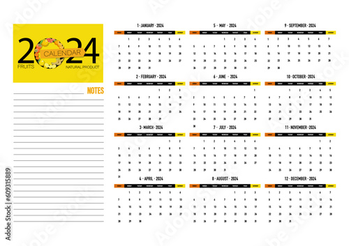 Tropical fruits. Calendar 2024. Planning. Design with note for planning. Horizontal wall calendar 
