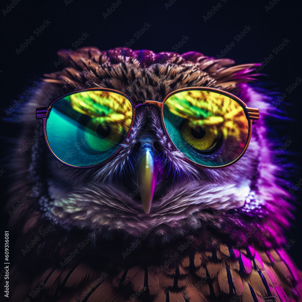 portrait of a gorgeous stylish trendy modern owl bird,animal in stylish glasses. Black backgorund. Creative portrait in iridescent neon colors, concept photo in neon lighting portrait of a gorgeous stylish trendy modern owl bird,animal in stylish glasses. Black backgorund. Creative portrait in iridescent neon colors, concept photo in neon lighting