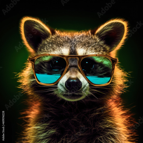 portrait of a gorgeous stylish trendy modern raccoon animal in stylish glasses. Black backgorund. Creative portrait in iridescent neon colors, concept photo in neon lighting. AI generated.