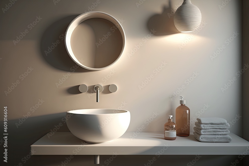 round white wash basin with minimalist fixtures and pared-back styling, created with generative ai round white wash basin with minimalist fixtures and pared-back styling, created with generative ai