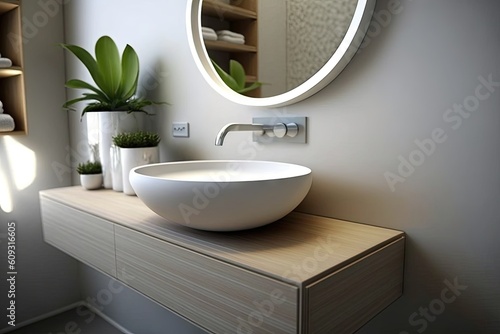round white wash basin with sleek floating vanity and modern chrome faucet, created with generative ai photo