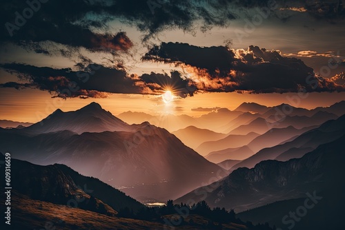 sunset over mountains in the countryside, with clouds and peaks visible, created with generative ai