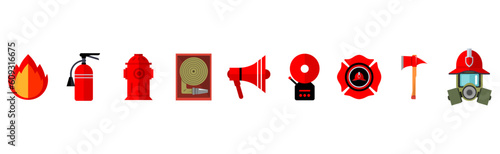Fire tools for fire prevention, fire safety, firefighters, hydrant steering wheel ax shovel alarm fire extinguisher siren crowbar fireman on white background eps10
