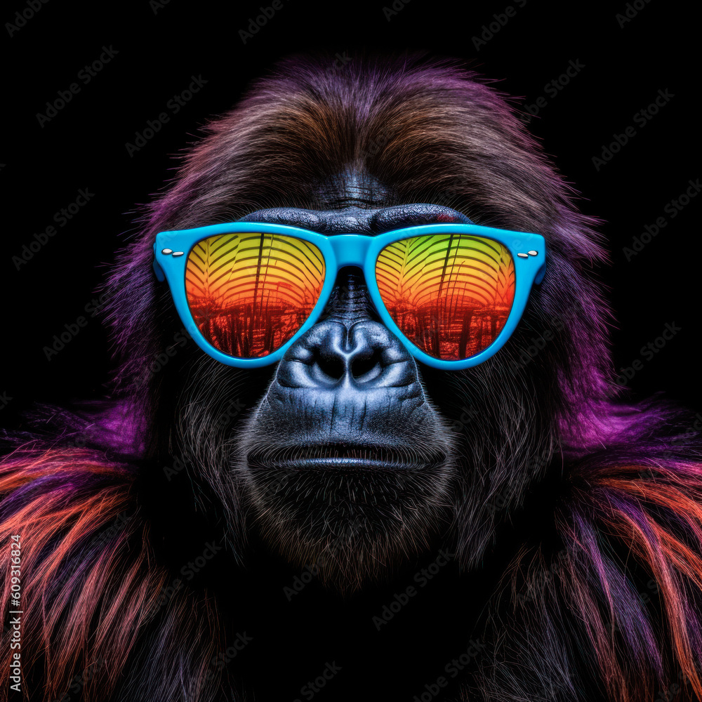 portrait of a gorgeous stylish trendy modern gorilla animal in stylish glasses. Black backgorund. Creative portrait in iridescent neon colors, concept photo in neon lighting. AI generated.
