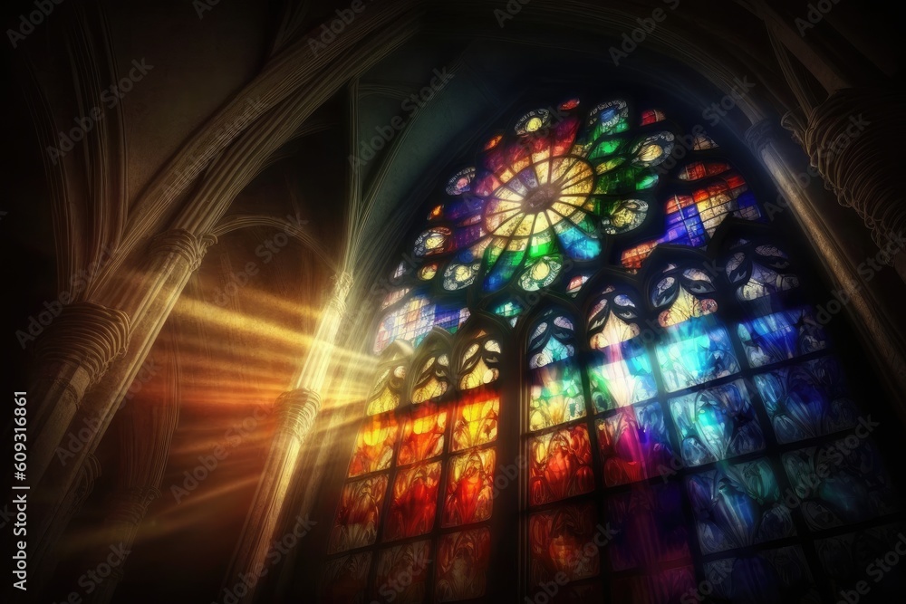 light shining through a stained glass window, creating dazzling display of colors, created with generative ai