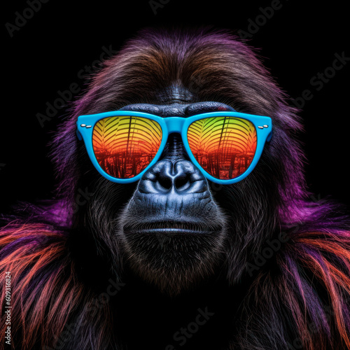 portrait of a gorgeous stylish trendy modern gorilla animal in stylish glasses. Black backgorund. Creative portrait in iridescent neon colors, concept photo in neon lighting. AI generated. © everigenia