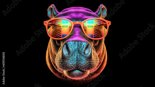 portrait of a gorgeous stylish trendy modern hippopotamus animal in stylish glasses. Black backgorund. Creative portrait in iridescent neon colors, concept photo in neon lighting. AI generated.