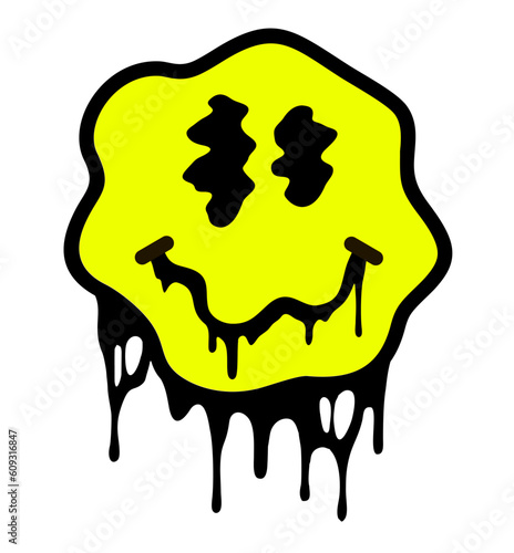Melting smile. Graffiti style. Distorted melting smile face. Grunge vector illustration. Abstract neon glitch.
