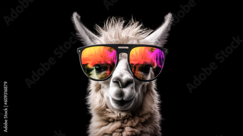 portrait of a gorgeous stylish trendy modern lama animal in stylish glasses. Black backgorund. Creative portrait in iridescent neon colors, concept photo in neon lighting. AI generated. © everigenia