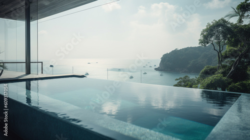Infinity swimming pool with sea view at luxury resort. Generative AI © Анастасия Каргаполов