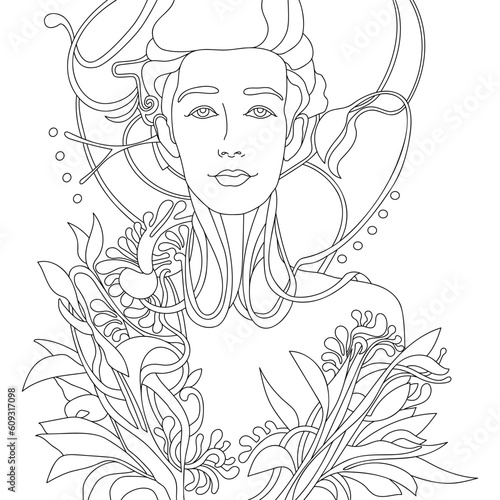 Coloring page element with gender queer person and floral pattern. Hand drawn linear vector illustration.