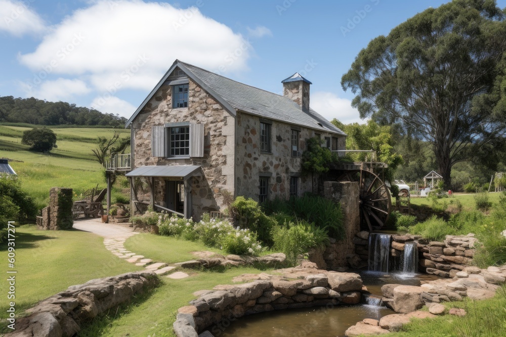 farmhouse surrounded by lush rolling hills, with stream and waterwheel in the background, created with generative ai farmhouse surrounded by lush rolling hills, with stream and waterwheel in the background, created with generative ai