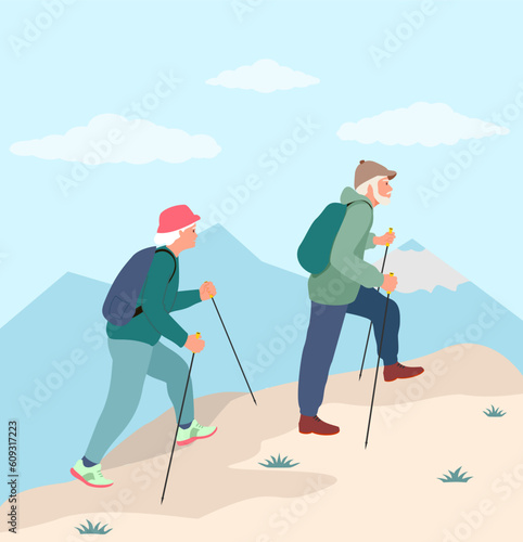 Active senior man and woman Nordic walking with sticks in park. Older couple of walkers trekking, good time on their retirement. Hiking. Leisure activity for elderly concept. Vector illustration