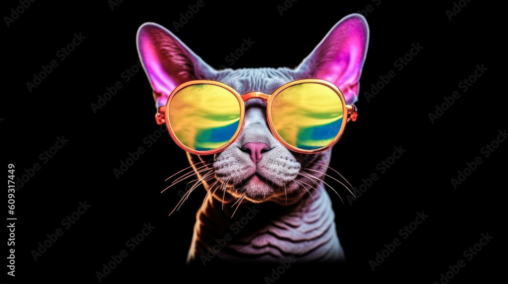 portrait of a gorgeous stylish trendy modern sphinx cat animal in stylish glasses. Black backgorund. Creative portrait in iridescent neon colors, concept photo in neon lighting. AI generated.