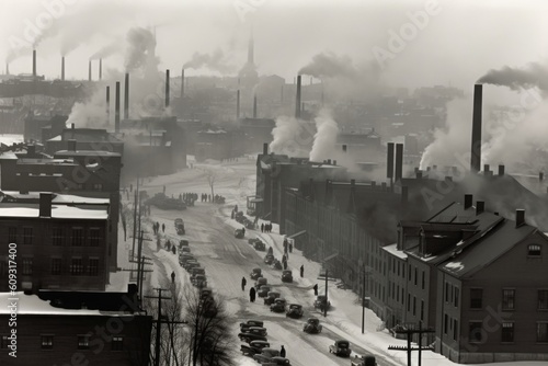 town in the 1940s, with smoke from factory chimneys obscuring the sky, created with generative ai © Alfazet Chronicles