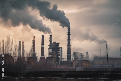 smoke stacks from industrial plant, with haze of air pollution visible in the atmosphere, created with generative ai