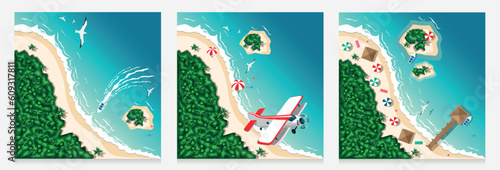 Aerial view of tropical beach and islands. Summer travel. Motor boats, seagulls, bungalows, sun loungers and palm trees on a tropical beach by the sea. Set of vector illustration in flat style.
