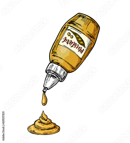 Mustard sauce sketch. Hand drawn sauce bottle, hot mustard spice. Illustration for kitchen, cafe, bistro, fast food and ingredients for cooking. Isolated on white background. Trendy vintage vector.