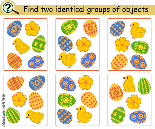 Find the identical groups of objects. Educational logical game for children with Easter eggs. Vector illustration.
