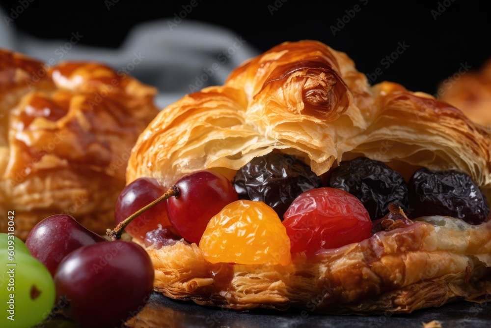 close-up of flaky puff pastry with chunky fruit filling, created with generative ai close-up of flaky puff pastry with chunky fruit filling, created with generative ai