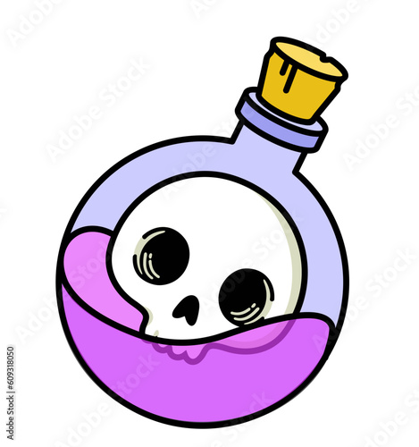 Magic bottle of purple Poison with skull. Game icon of magic elixir. Vector illustration isolated on white background