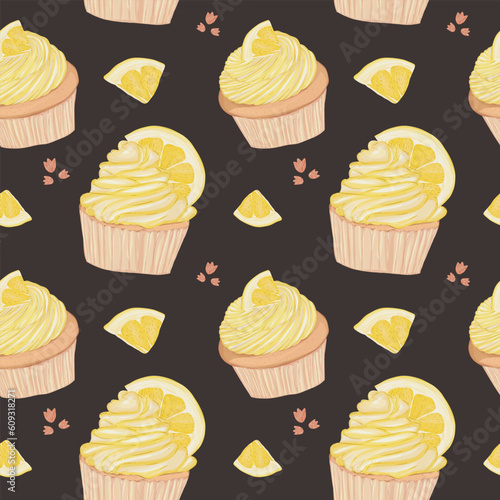 Sweet hand drawn seamless pattern. Lemon cup cake vector illustration.