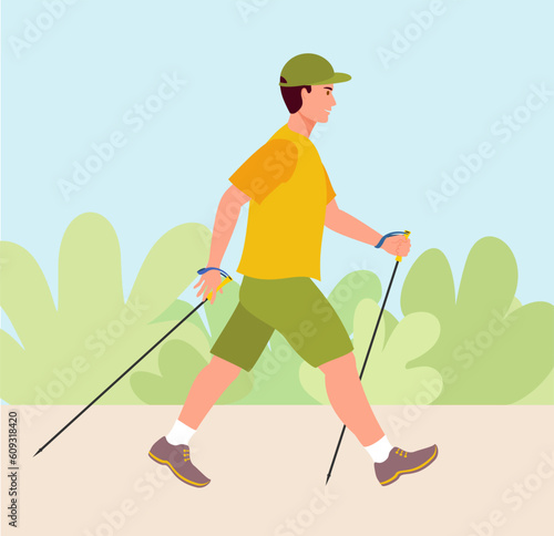 Man doing nordic walking, exercising. A young man walks on foot with walking sticks in nature. Healthy lifestyle illustration in contemporary flat style. Vector.