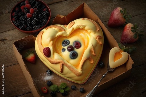 heart-shaped danish pastry with creamy custard filling and fresh fruit topping, created with generative ai