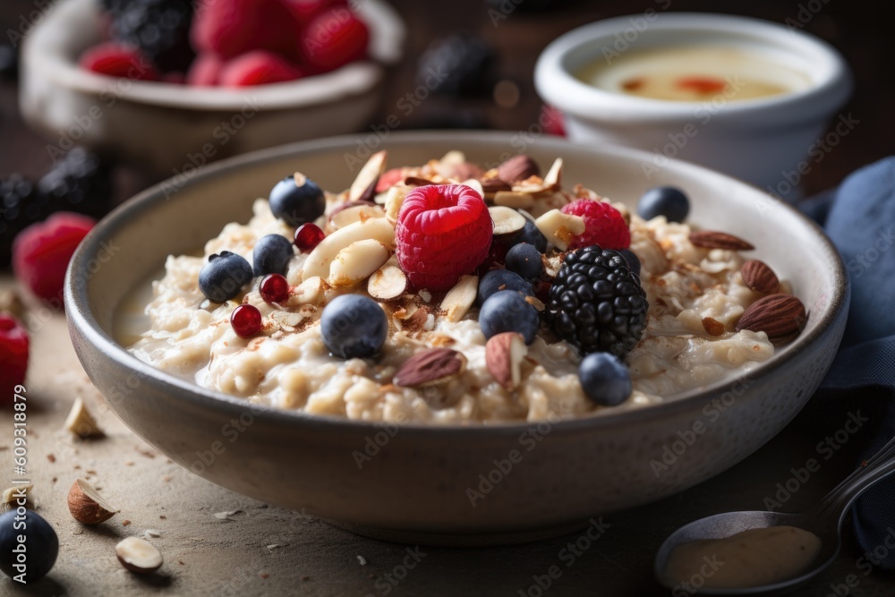 breakfast bowl with oatmeal, berries, and nuts for a boost of energy, created with generative ai breakfast bowl with oatmeal, berries, and nuts for a boost of energy, created with generative ai